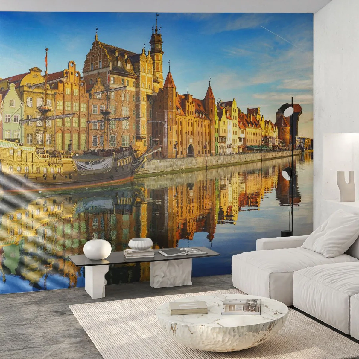Fotomurali Standard Eco - Edifici storici in riva all'acqua con un riflesso sulla superficie del fiume - 100x70cm - Il riflesso del passato - Decorazione murale moderna per soggiorno e camera da letto ARTTOR