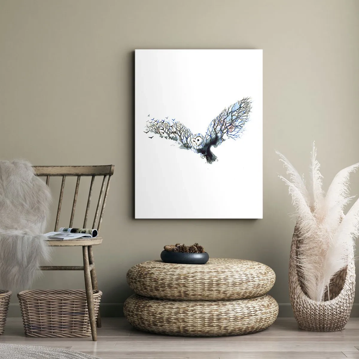 Quadro su tela - Stampe su Tela - Grafica artistica di un gufo con le ali spiegate - 50x70cm - Sulle ali del bosco - Decorazione murale moderna per soggiorno e camera da letto ARTTOR