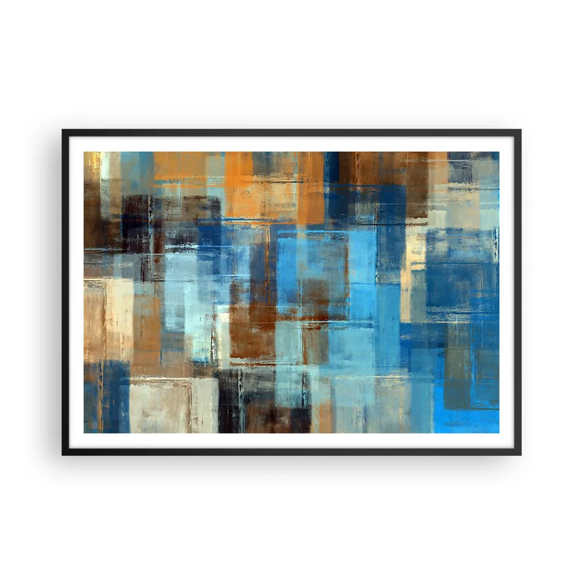 Poster in cornice nera - Composizione geometrica astratta nei toni del blu e del marrone - 100x70cm - Attraverso la tenda blu - Decorazione murale moderna per soggiorno e camera da letto ARTTOR