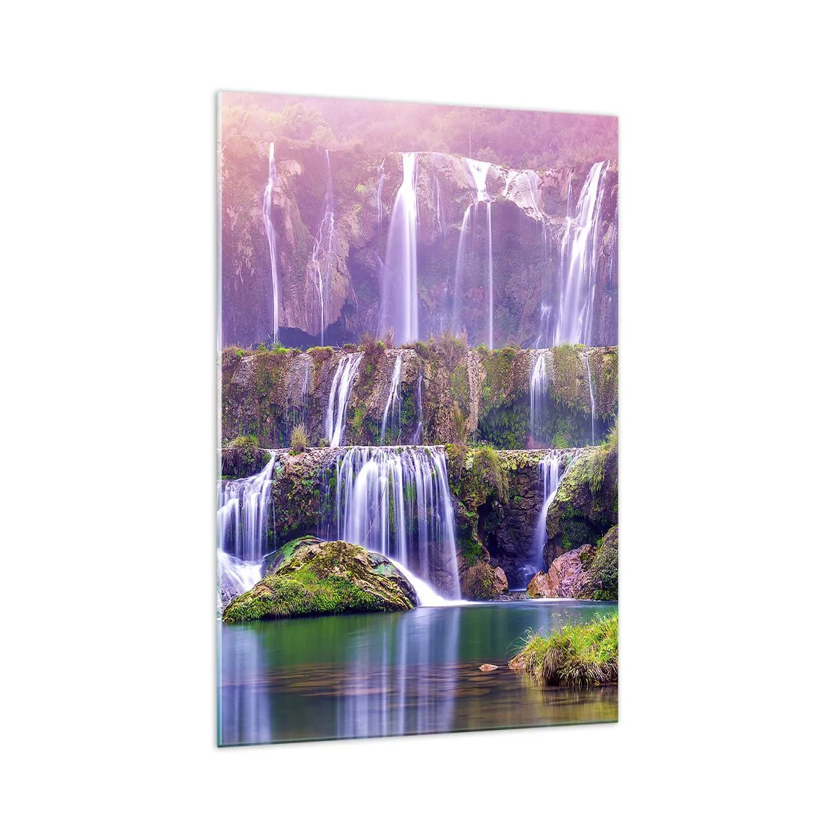 Quadro su vetro - Cascate immerse nel verde con luci pastello - 70x100cm - La scala verso il cielo - Decorazione murale moderna per soggiorno e camera da letto ARTTOR