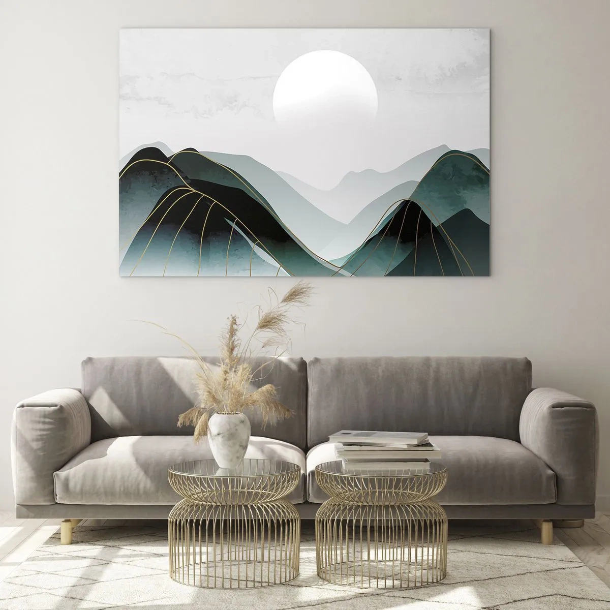 Quadro su vetro - Paesaggio montano con sole bianco e linee dorate - 70x50cm - In tutta la maestà - Decorazione murale moderna per soggiorno e camera da letto ARTTOR