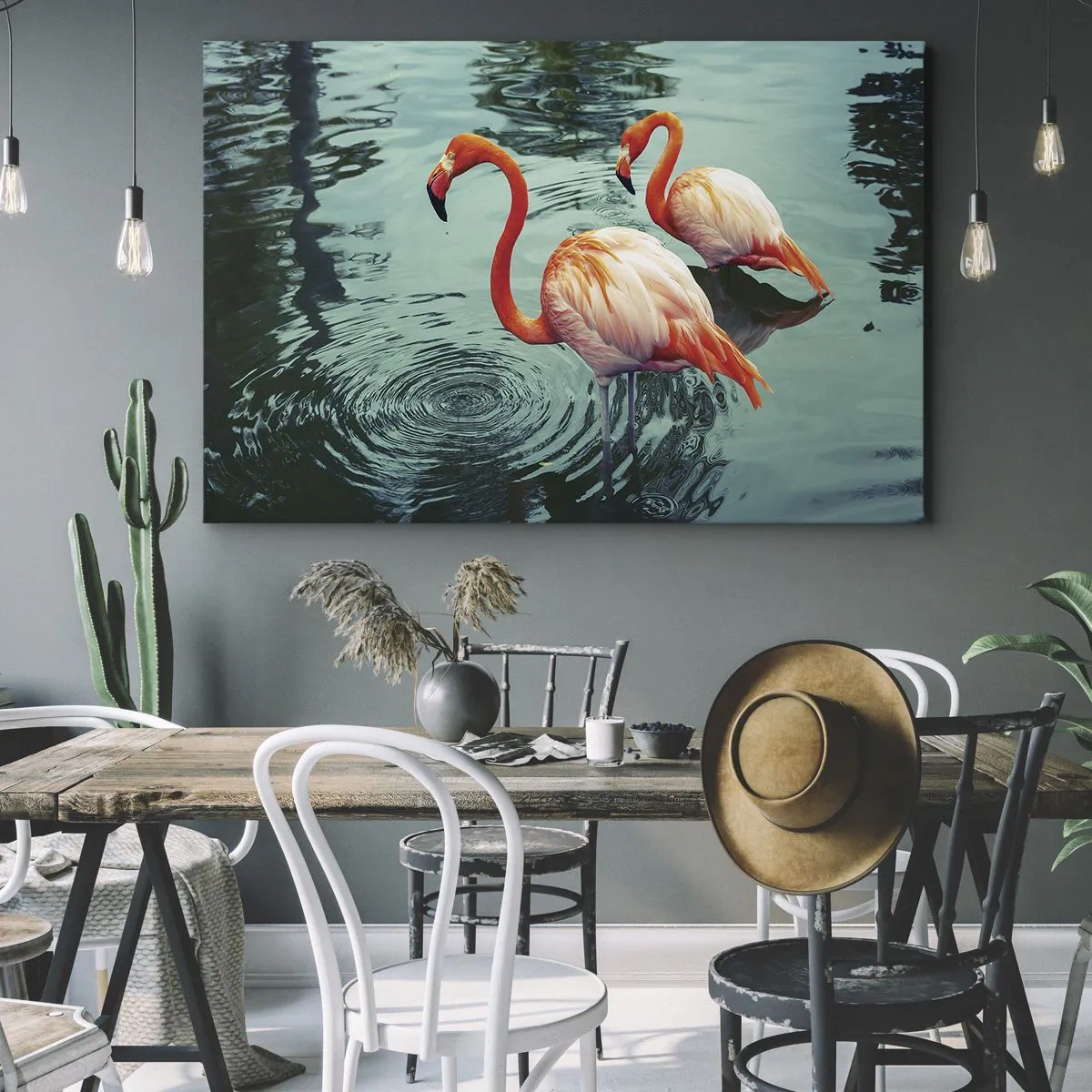 Quadro su tela - Stampe su Tela - Due fenicotteri nell'acqua calma riflettono l'ambiente circostante - 70x50cm - Adesso siamo di moda - Decorazione murale moderna per soggiorno e camera da letto ARTTOR