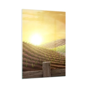 Quadro su vetro - Tramonto su una fattoria con un campo e un trattore - 50x70cm - La fattoria delle favole - Decorazione murale moderna per soggiorno e camera da letto ARTTOR