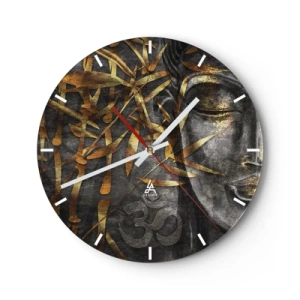 Orologio da parete - Orologio in Vetro - Immagine del Buddha dorato con motivo di bambù e simbolo Om - 30x30cm - Senti la pace - Decorazione murale moderna per soggiorno, cucina e camera da letto ARTTOR
