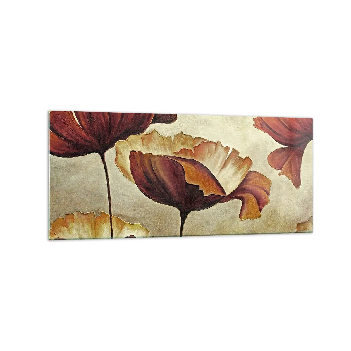 Quadro su vetro - Fiori delicati nei toni del rosso e dell'oro su uno sfondo chiaro - 120x50cm - Nei prati e nei campi - Decorazione murale moderna per soggiorno e camera da letto ARTTOR