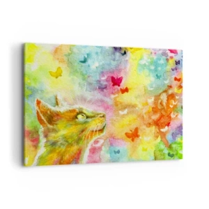 Quadro su tela - Stampe su Tela - Un gatto circondato da farfalle colorate - 100x70cm - Storie dal paese dei gatti - Decorazione murale moderna per soggiorno e camera da letto ARTTOR