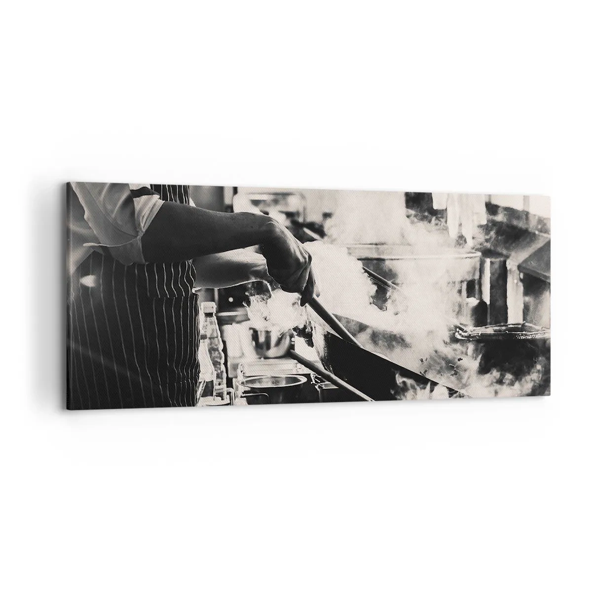 Quadro su tela - Stampe su Tela - Uno chef al lavoro in cucina con il vapore che esce da una padella - 120x50cm - L'alchimia dei sapori - Decorazione murale moderna per soggiorno e camera da letto ARTTOR