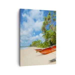 Quadro su tela - Stampe su Tela - Spiaggia tropicale con palme e barche colorate - 50x70cm - La bellezza dei tropici - Decorazione murale moderna per soggiorno e camera da letto ARTTOR