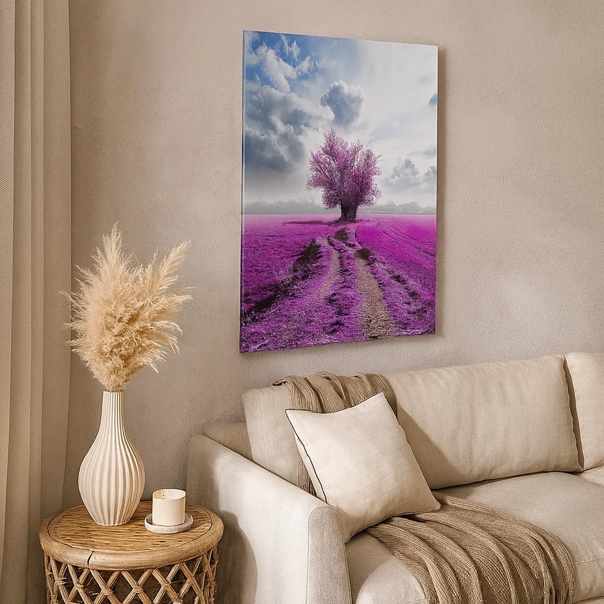 Quadro su tela - Stampe su Tela - Un albero solitario in un campo in una tonalità di rosa intenso - 50x70cm - Brughiera selvatica - Decorazione murale moderna per soggiorno e camera da letto ARTTOR