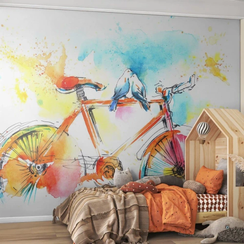Fotomurali Premium Canvas - In due in bicicletta - Astrazione, Bicicletta, Uccelli - 400x280 cm