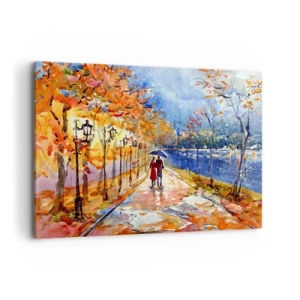 Quadro su tela - Stampe su Tela - Una passeggiata autunnale nel parco sulla riva del fiume sotto l'ombrellone - 120x80cm - Insieme fino ai confini del tempo - Decorazione murale moderna per soggiorno e camera da letto ARTTOR