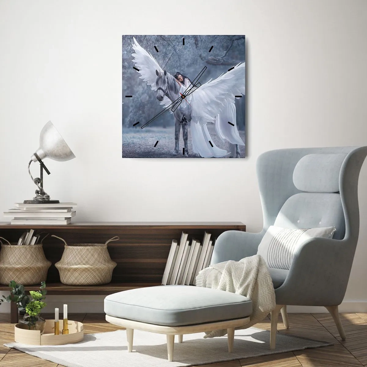 Orologio da parete - Orologio in Vetro - Una donna su un cavallo bianco con le ali in una foresta magica - 30x30cm - Momento ispirato - Decorazione murale moderna per soggiorno e camera da letto ARTTOR