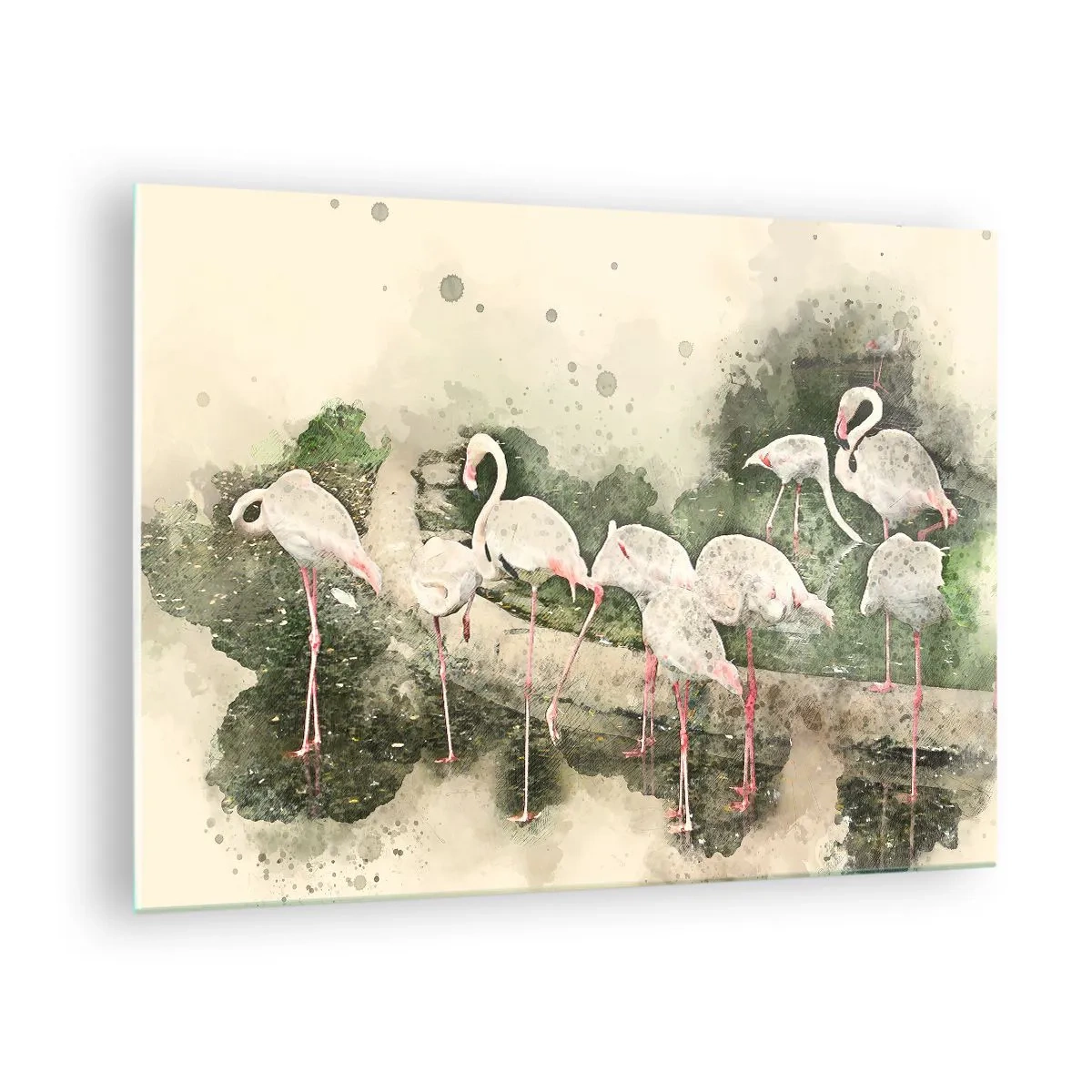 Quadro su vetro - Fenicotteri sullo sfondo di una composizione ad acquerello - 70x50cm - Sogno esotico - Decorazione murale moderna per soggiorno e camera da letto ARTTOR