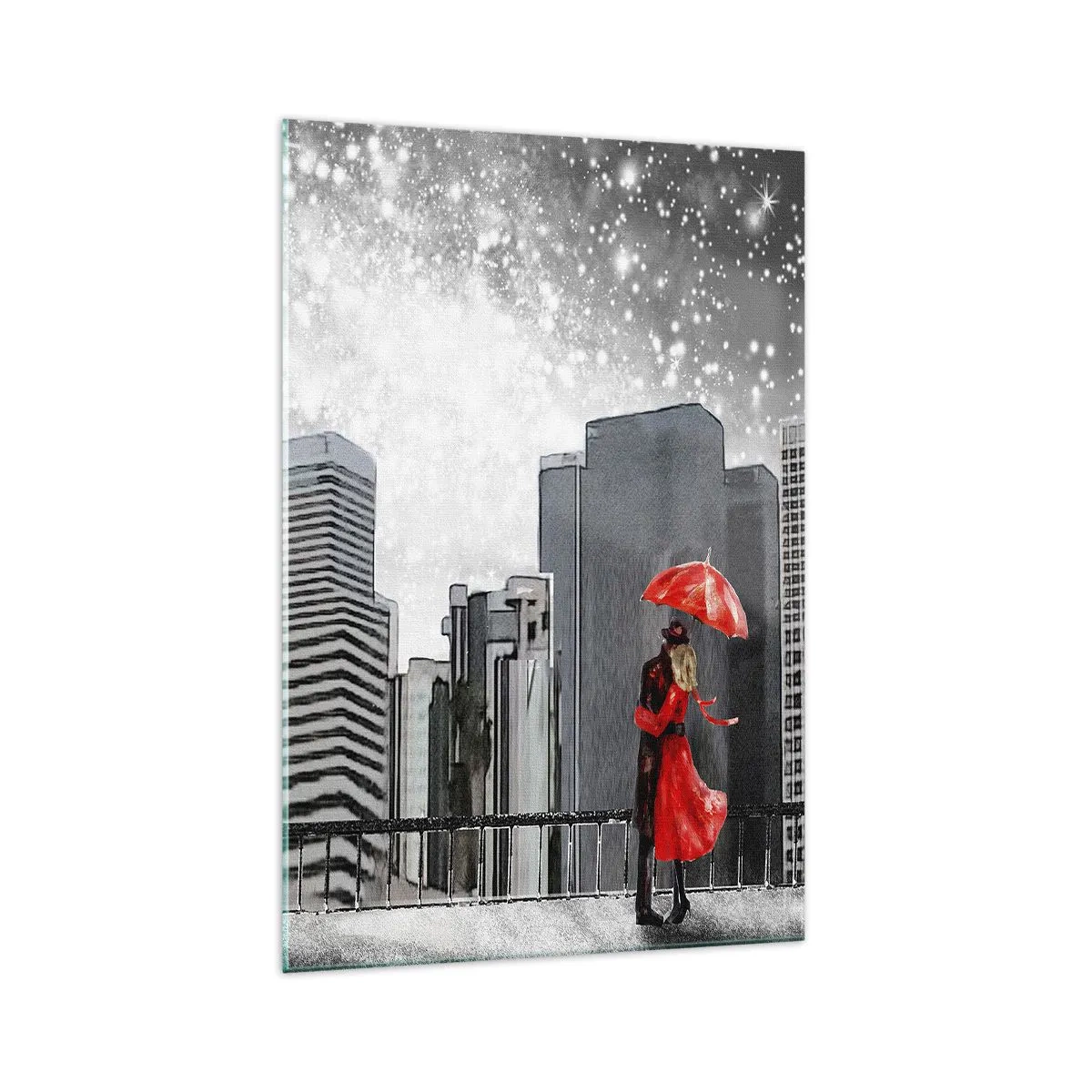 Quadro su vetro - Una coppia vestita di rosso con un ombrello sullo sfondo di un paesaggio urbano - 70x100cm - L'uomo non è di pietra - Decorazione murale moderna per soggiorno e camera da letto ARTTOR