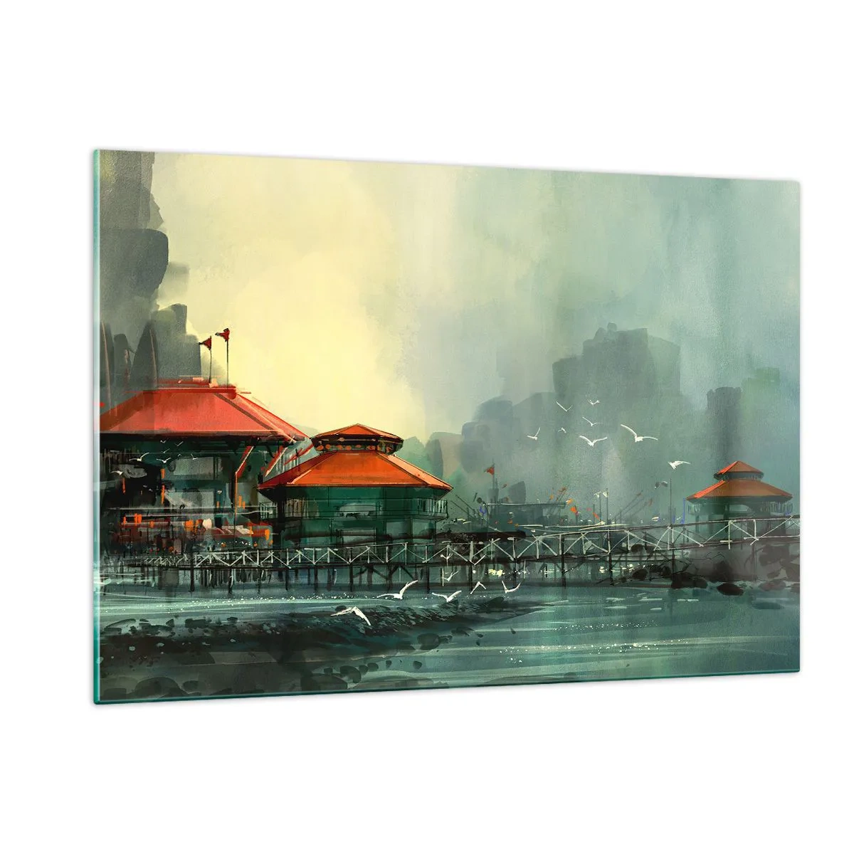 Quadro su vetro - Edifici portuali con tetti rossi contro la nebbia - 120x80cm - Giornata di pioggia al porto - Decorazione murale moderna per soggiorno e camera da letto ARTTOR