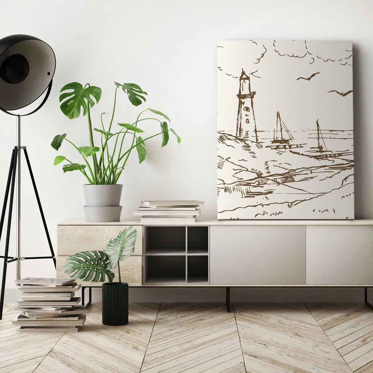 Quadro su tela - Stampe su Tela - Schizzo di un faro che domina il mare - 50x70cm - Schizzo dei ricordi d'estate - Decorazione murale moderna per soggiorno e camera da letto ARTTOR
