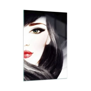Quadro su vetro - Ritratto di una donna dallo sguardo espressivo e dalle labbra rosse - 70x100cm - Sguardo di zaffiro - Decorazione murale moderna per soggiorno e camera da letto ARTTOR