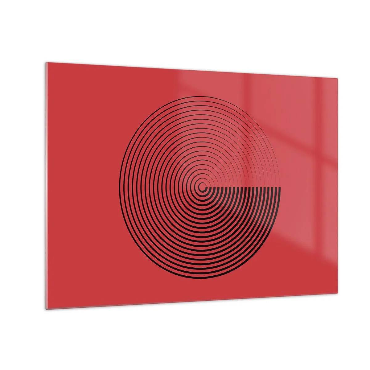Quadro su vetro - Cerchi concentrici neri su sfondo rosso - 70x50cm - Movimento circolare - Decorazione murale moderna per soggiorno e camera da letto ARTTOR