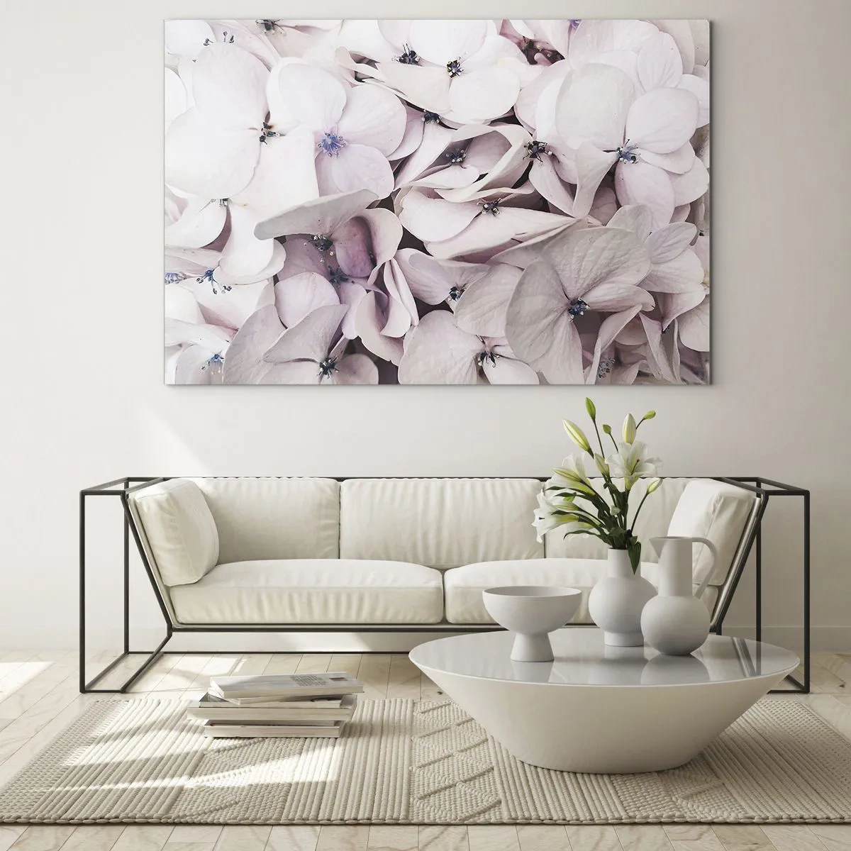 Quadro su vetro - Delicate ortensie rosa chiaro in primo piano - 100x70cm - Un'alluvione di fiori - Decorazione murale moderna per soggiorno e camera da letto ARTTOR