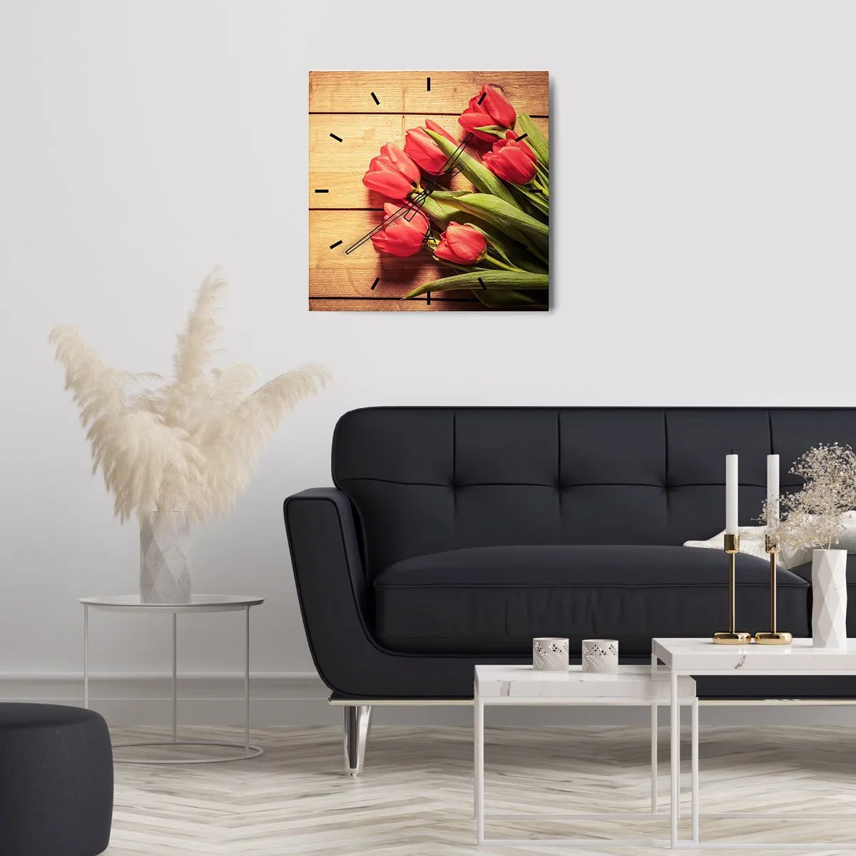 Orologio da parete - Orologio in Vetro - Un mazzo di tulipani rosa su uno sfondo di legno - 30x30cm - Confessione primaverile - Decorazione murale moderna per soggiorno e camera da letto ARTTOR