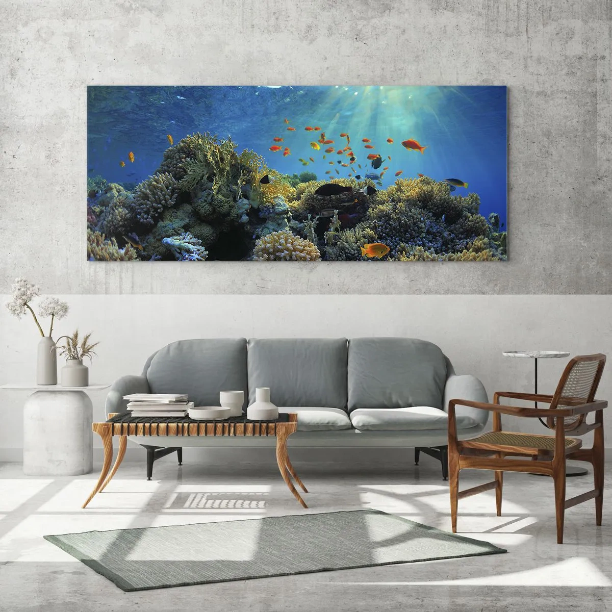 Quadro su vetro - Barriera corallina con pesci sotto i raggi del sole sott'acqua - 120x50cm - Tesori sotto al mare - Decorazione murale moderna per soggiorno e camera da letto ARTTOR