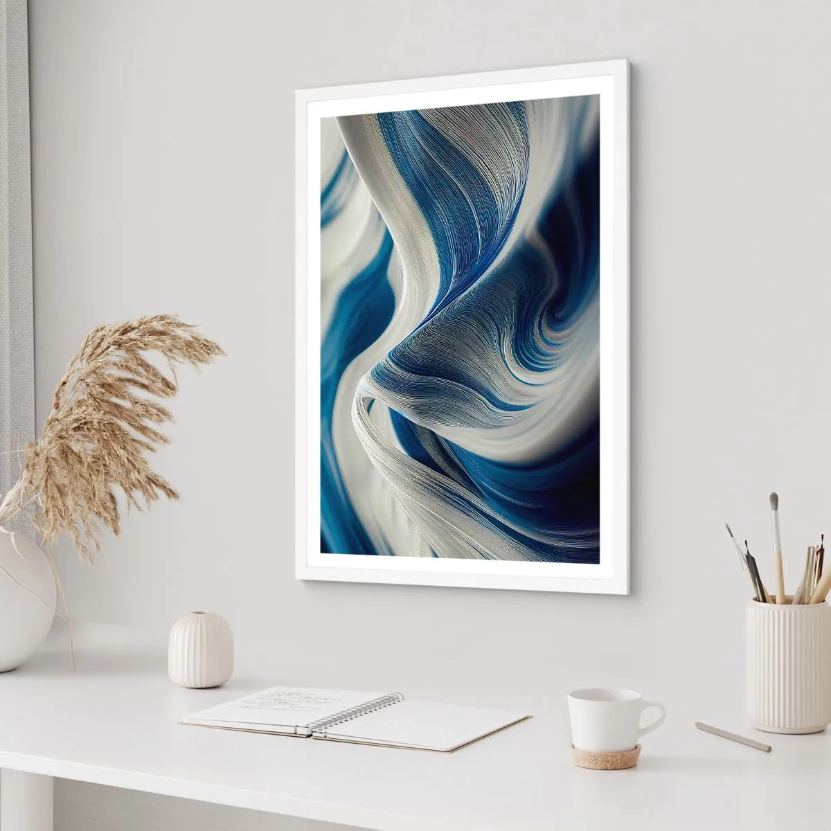 Poster in cornice bianca - Fluidità di blu e di bianco - 30x40 cm