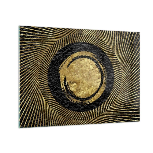 Quadro su vetro - Cerchio dorato con raggi su sfondo nero in stile glamour - 70x50cm - Composizione glamour - Decorazione murale moderna per soggiorno e camera da letto ARTTOR