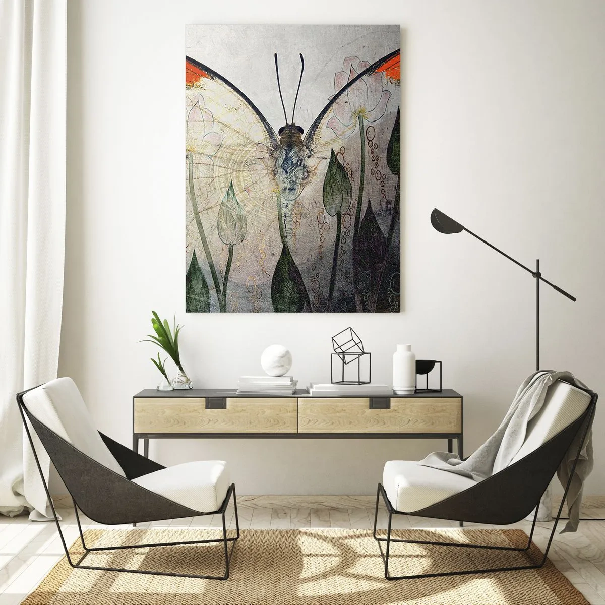 Quadro su vetro - Una farfalla con ali arancioni su uno sfondo di fiori stilizzati. - 80x120cm - Dove la farfalla si dondola sull'erba - Decorazione murale moderna per soggiorno e camera da letto ARTTOR