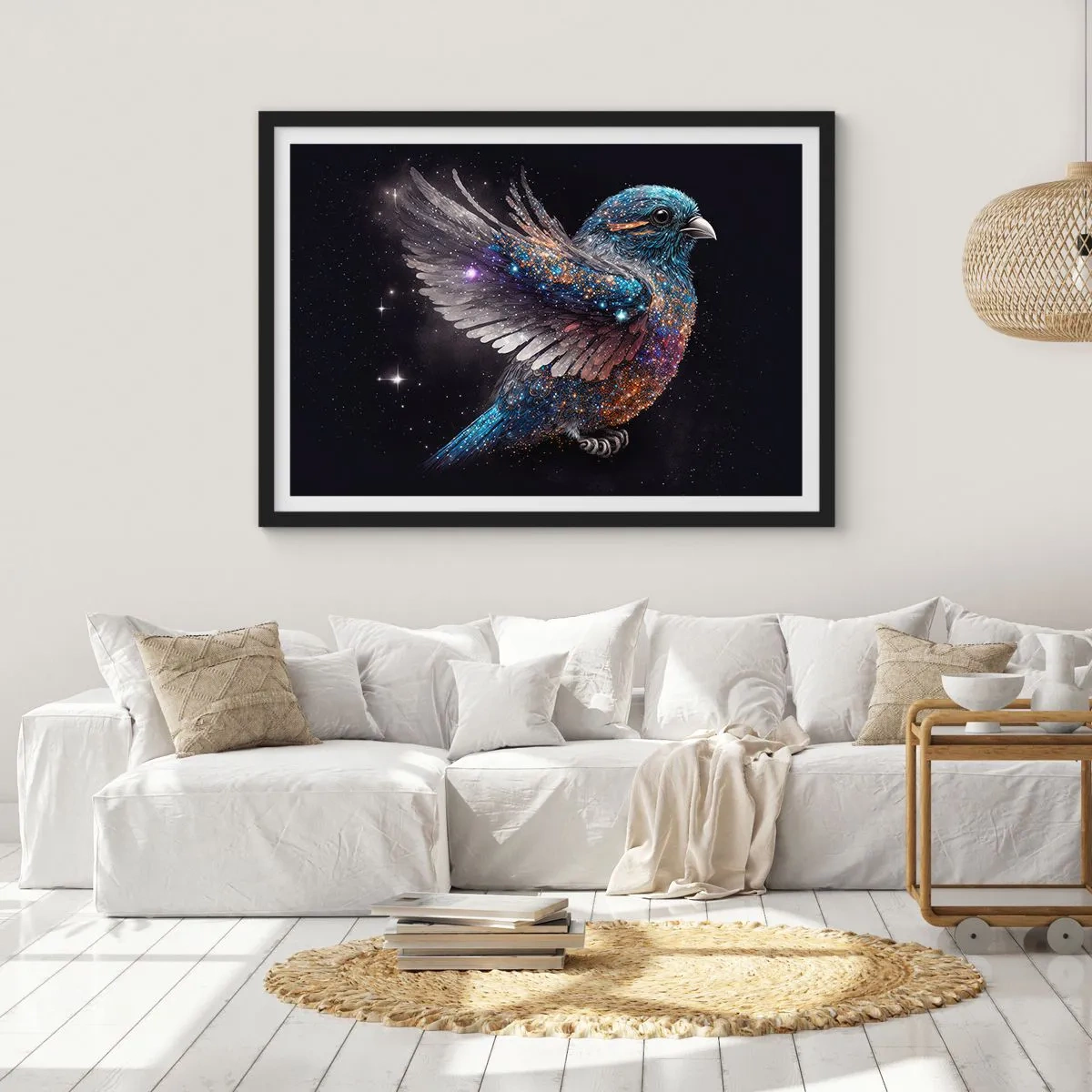 Poster in cornice nera - Un passero in stile spaziale con una lucentezza diamantata - 100x70cm - Passero di diamante - Decorazione murale moderna per soggiorno e camera da letto ARTTOR