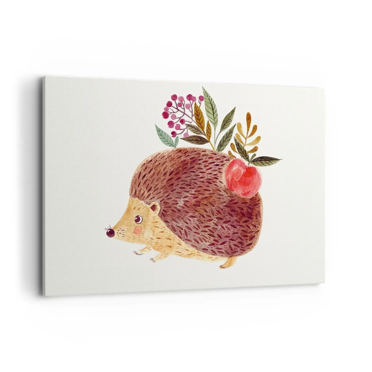 Quadro su tela - Stampe su Tela - Un simpatico riccio con una mela e delle piante in stile illustrativo - 120x80cm - E mi vuoi già bene - Decorazione murale moderna per soggiorno e camera da letto ARTTOR