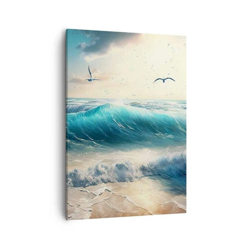 Quadro su tela - Stampe su Tela - Onde del mare sulla spiaggia sotto un cielo azzurro con gabbiani - 50x70cm - Mormora solo per te - Decorazione murale moderna per soggiorno e camera da letto ARTTOR