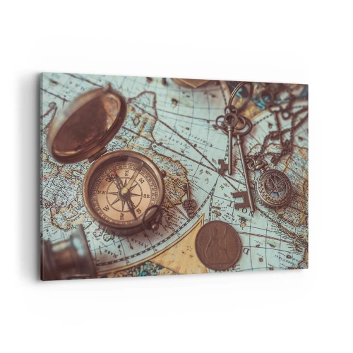 Quadro su tela - Stampe su Tela - Composizione con bussola, chiavi e una vecchia mappa in stile retrò - 100x70cm - Per il cercatore di avventure - Decorazione murale moderna per soggiorno e camera da letto ARTTOR