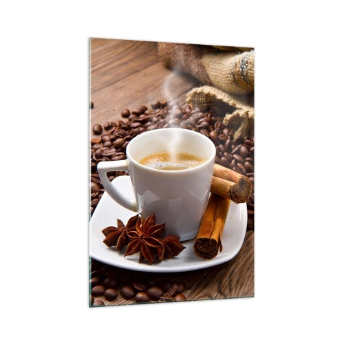 Quadro su vetro - Una tazza di caffè con cannella e anice su uno sfondo di chicchi di caffè - 70x100cm - Sapore e profumo speziato - Decorazione murale moderna per soggiorno e camera da letto ARTTOR