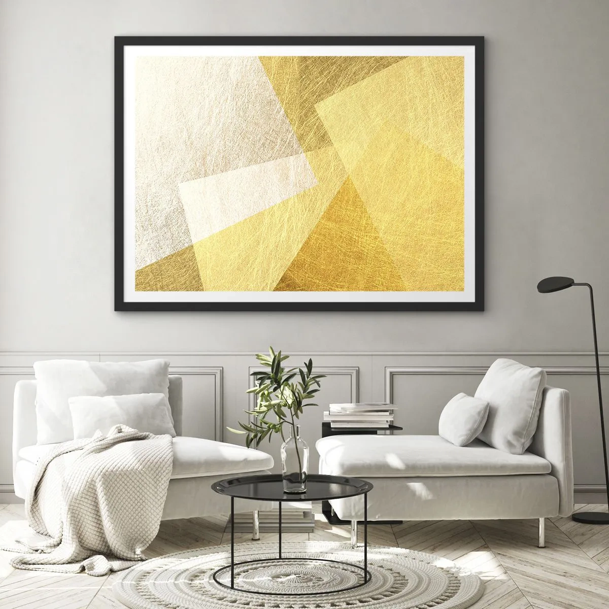 Poster in cornice nera - Forme geometriche in tonalità oro e chiare - 70x50cm - La pace della geometria - Decorazione murale moderna per soggiorno e camera da letto ARTTOR