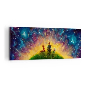 Quadro su tela - Stampe su Tela - Figure su una collina verde circondata da un cielo stellato - 120x50cm - Amore e amicizia: l'intero mondo - Decorazione murale moderna per soggiorno e camera da letto ARTTOR