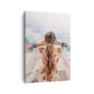 Quadro su tela - Stampe su Tela - Donna su una barca con vista sulle montagne e sull'acqua, stile boho - 50x70cm - In cammino verso la felicità - Decorazione murale moderna per soggiorno e camera da letto ARTTOR