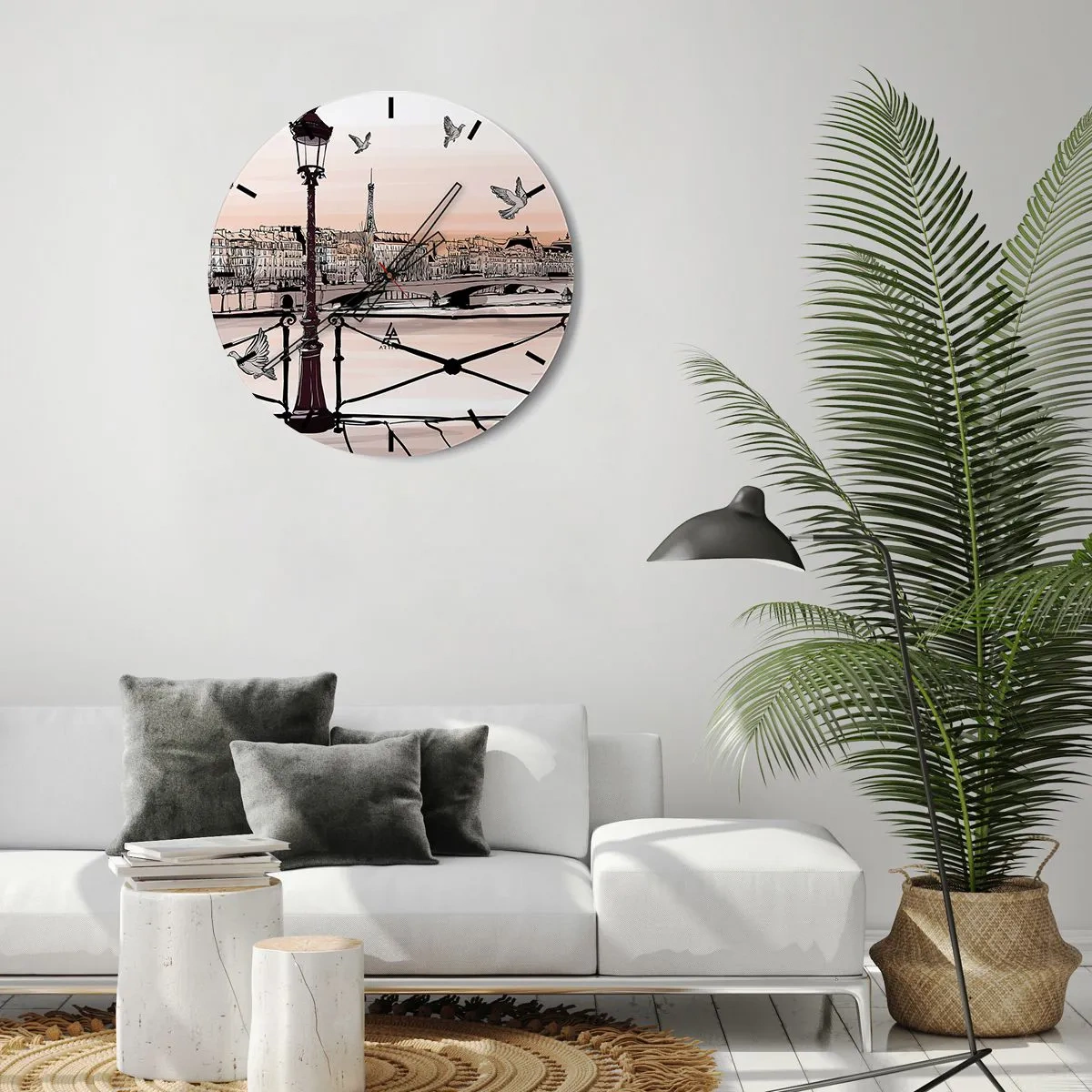 Orologio da parete - Orologio in Vetro - Una lanterna, dei piccioni e il panorama di Parigi al tramonto - 30x30cm - Sui tetti di Parigi - Decorazione murale moderna per soggiorno, cucina e camera da letto ARTTOR