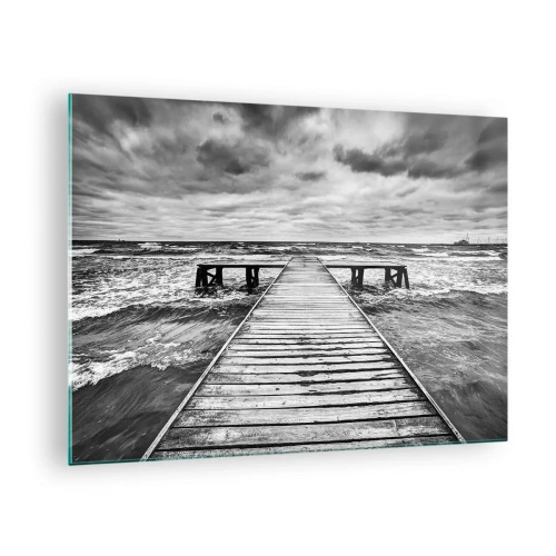 Quadro su vetro - Un molo bianco e nero in mezzo alle onde agitate - 70x50cm - Aspetto che il vento le scacci via... - Decorazione murale moderna per soggiorno e camera da letto ARTTOR