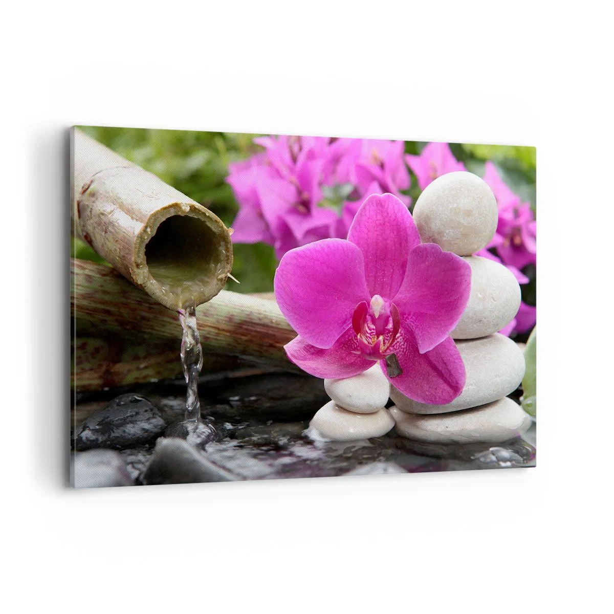 Quadro su tela - Stampe su Tela - Orchidea viola, pietre e bambù con acqua in un ambiente rilassante - 120x80cm - E già ti riposi - Decorazione murale moderna per soggiorno e camera da letto ARTTOR