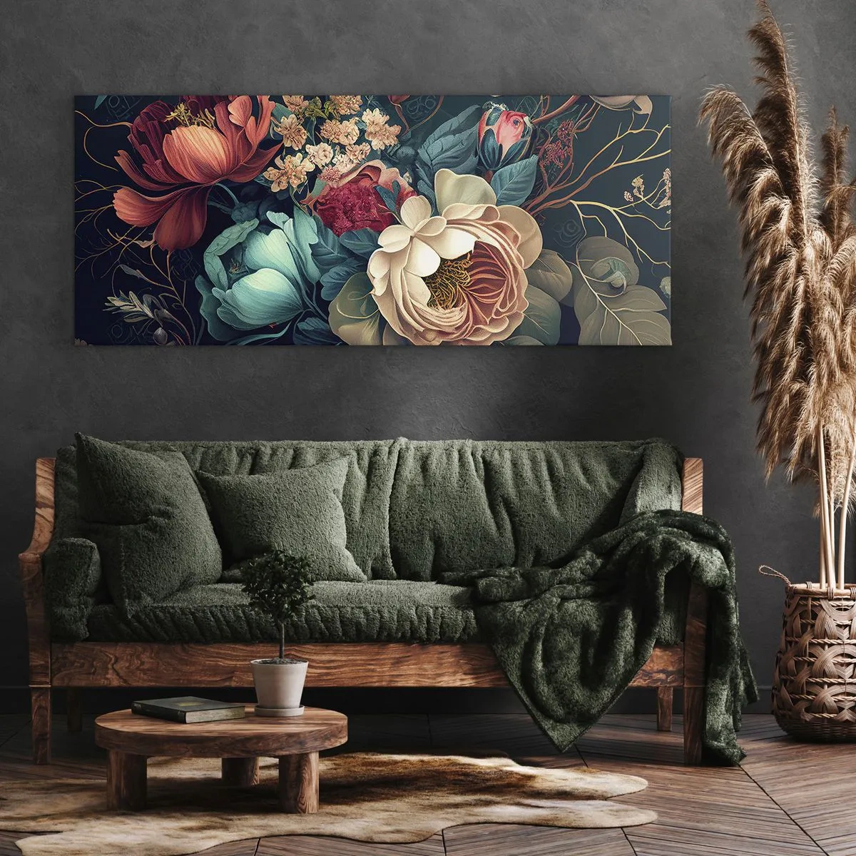 Quadro su tela - Stampe su Tela - Una composizione colorata di fiori su uno sfondo scuro - 160x50cm - Il fascino del 19esimo secolo - Decorazione murale moderna per soggiorno e camera da letto ARTTOR