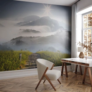 Fotomurali Standard Eco - Scale di pietra che conducono alle montagne avvolte nella nebbia - 100x70cm - Sempre in alto verso le nuvole - Decorazione murale moderna per soggiorno e camera da letto ARTTOR