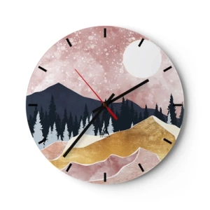 Orologio da parete - Orologio in Vetro - Paesaggio montano artistico dai colori pastello con una foresta e la luna. - 30x30cm - Guardiano notturno - Decorazione murale moderna per soggiorno, cucina e camera da letto ARTTOR