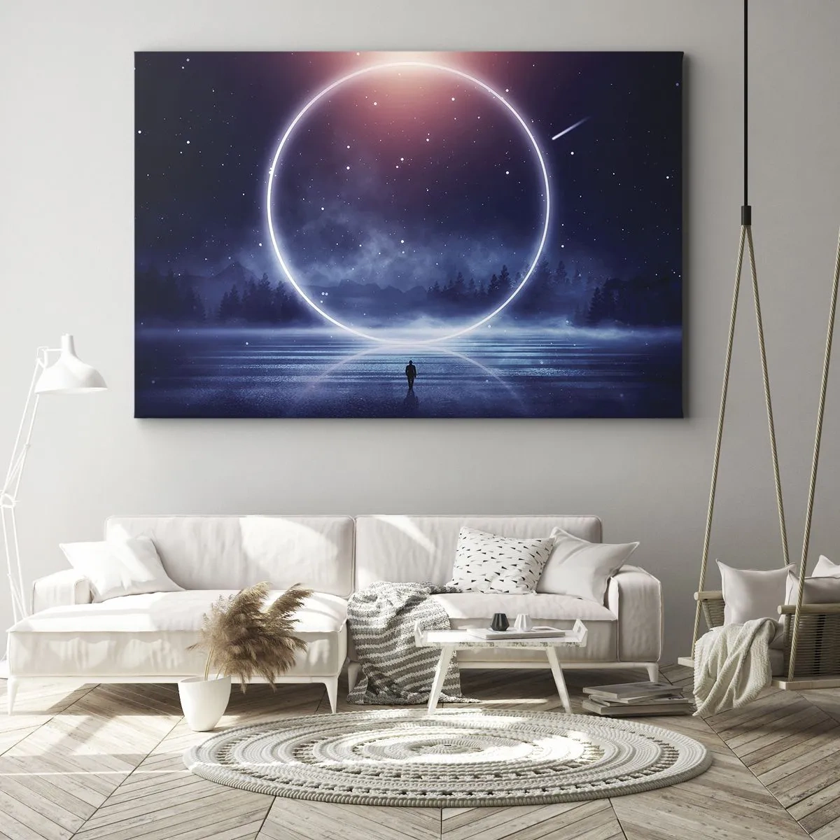 Quadro su tela - Stampe su Tela - Un paesaggio magico con una figura e un cerchio di luce di notte - 70x50cm - Sono già qui... - Decorazione murale moderna per soggiorno e camera da letto ARTTOR