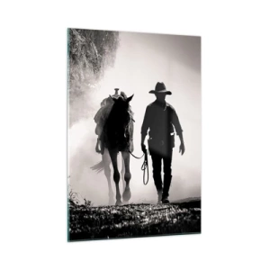 Quadro su vetro - Sagoma di un cowboy che conduce un cavallo attraverso un paesaggio nebbioso - 50x70cm - Mattino texano - Decorazione murale moderna per soggiorno e camera da letto ARTTOR