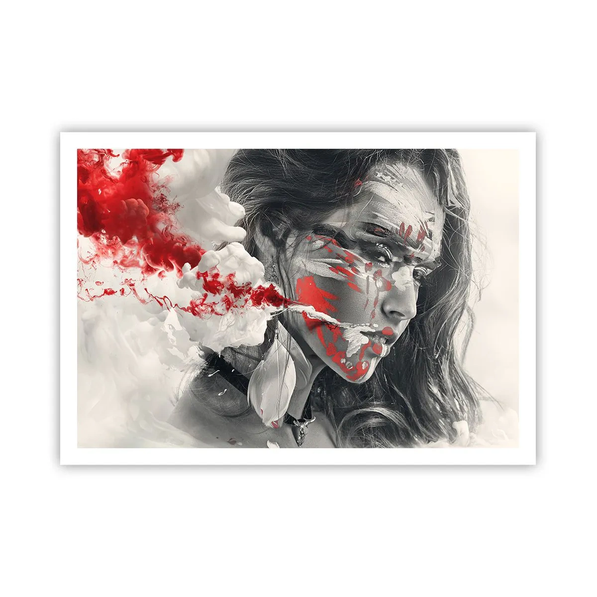Poster - Ritratto artistico di una donna con accenti rossi astratti - 100x70cm - Nei vapori dell'assurdo - Decorazione murale moderna per soggiorno e camera da letto ARTTOR