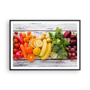 Poster in cornice nera - Frutta e verdura colorate su uno sfondo di legno - 100x70cm - Non basta? - Decorazione murale moderna per soggiorno e camera da letto ARTTOR