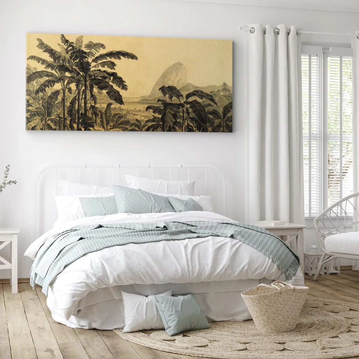 Quadro su tela - Stampe su Tela - Disegno di alberi di banana su uno sfondo di paesaggio tropicale - 140x50cm - Nel clima coloniale - Decorazione murale moderna per soggiorno e camera da letto ARTTOR