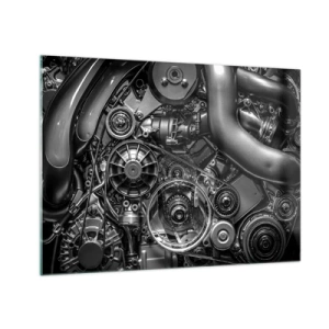 Quadro su vetro - Dettaglio di un motore bianco e nero con meccanismi visibili - 70x50cm - La poesia della meccanica - Decorazione murale moderna per soggiorno e camera da letto ARTTOR