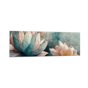 Quadro su vetro - Delicate ninfee in tonalità pastello di blu e oro - 160x50cm - Le stelle del lago - Decorazione murale moderna per soggiorno e camera da letto ARTTOR