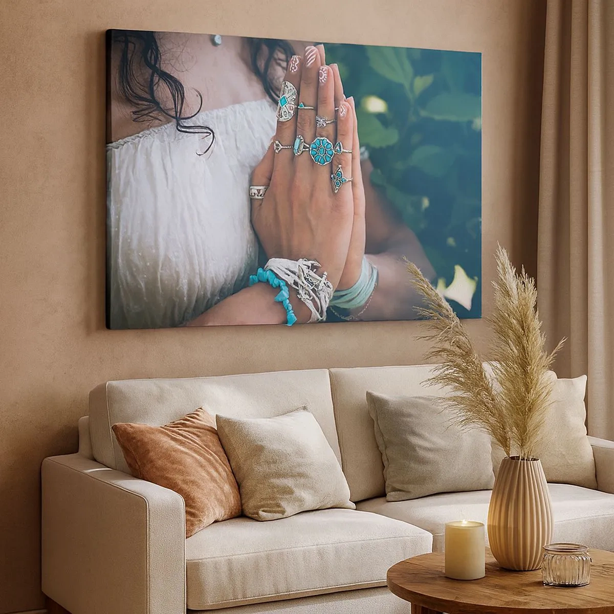 Quadro su tela - Stampe su Tela - Mani decorate con gioielli boho - 70x50cm - Benvenuto al centro dell'essere - Decorazione murale moderna per soggiorno e camera da letto ARTTOR